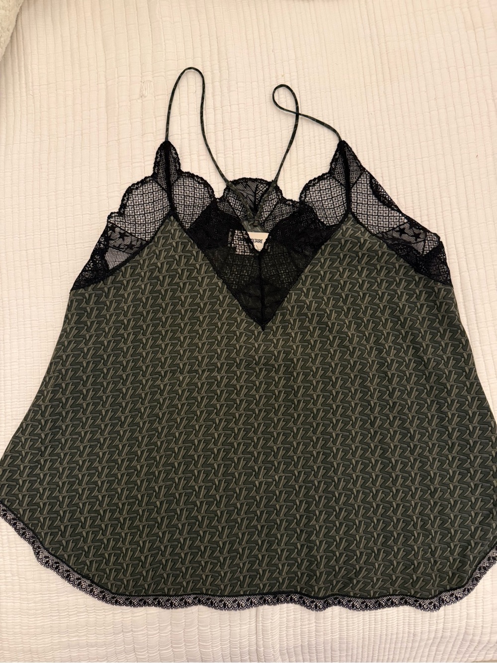 Zadig & Voltaire Olive Green Camisole with Black Lace Trim “ZV” pattern